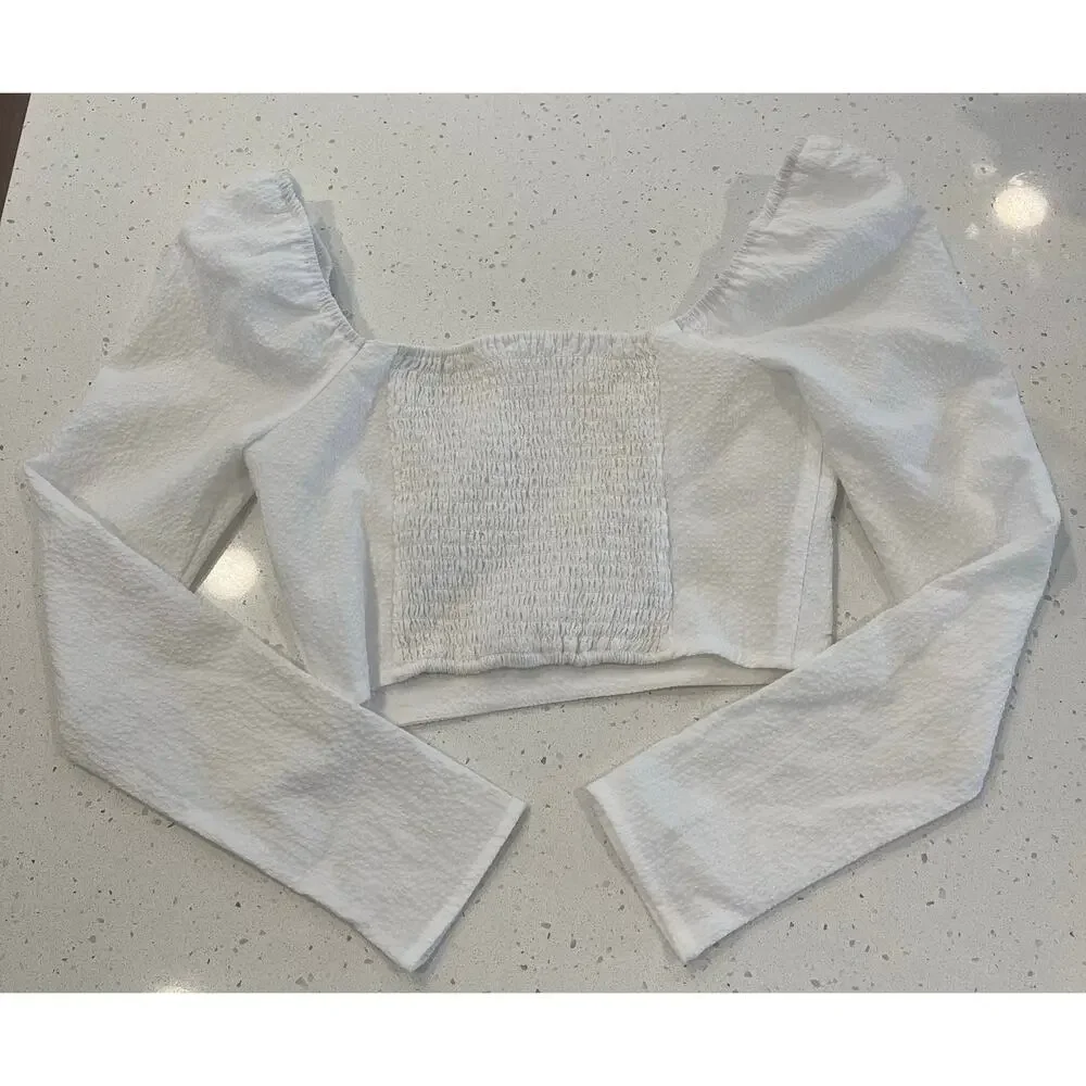 ASTR The Label Sweetheart Neck Ruched Crop Top Puff Sleeve White Small‎